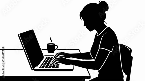 Silhouette of a woman typing on a laptop at a desk