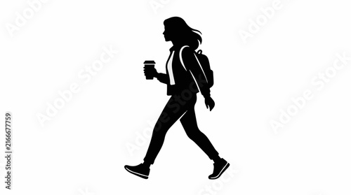 Silhouette of a woman walking while holding a coffee cup