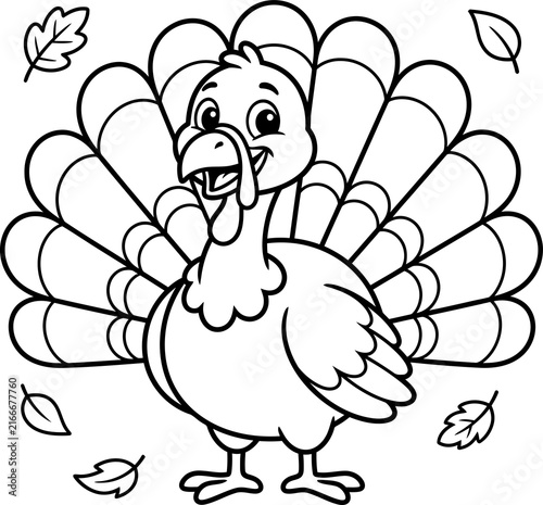 Cute cartoon turkey with autumn leaves illustration isolated on transparent background