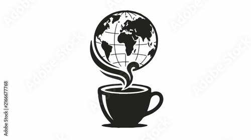 Globe rising from a steaming coffee cup icon