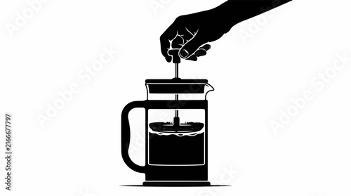 Black and white silhouette of a hand pressing a coffee plunger
