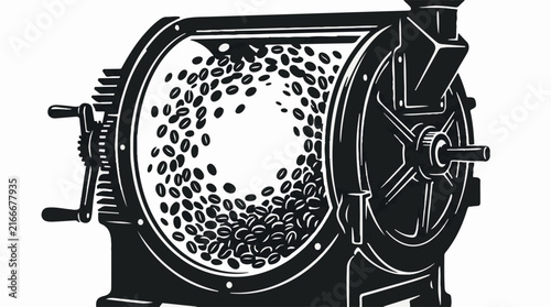 Coffee beans tumbling inside a rotating industrial roasting drum