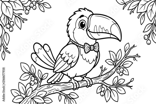 Cute cartoon toucan perched on a branch with leaves isolated on transparent background