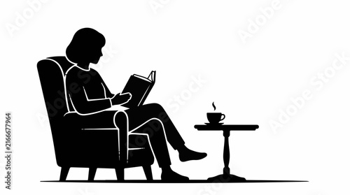 Silhouette of a person reading a book in an armchair with coffee