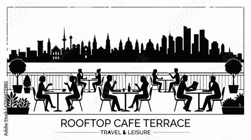 People sitting at tables on a rooftop cafe terrace overlooking city