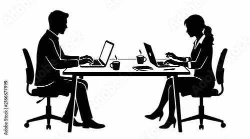 Silhouettes of a man and woman working on laptops at a table