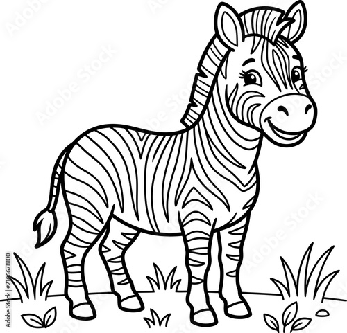 Cute cartoon zebra standing in grass isolated on transparent background
