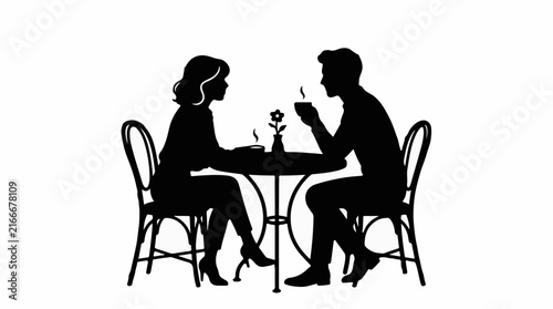 Silhouette of a man and woman sitting at a cafe table