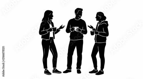 Three people talking and holding cups in a casual social interaction