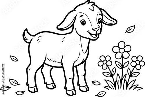 Cute baby goat with flowers and leaves illustration isolated on transparent background