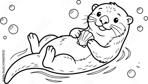 Cute sea otter floating on its back with bubbles isolated on transparent background