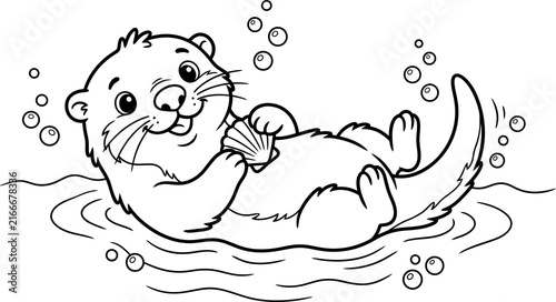 Cute otter floating on its back with bubbles black and white illustration isolated on transparent background