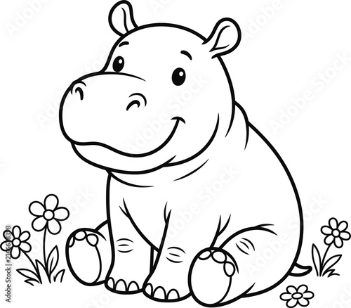 Cute cartoon hippopotamus surrounded by flowers isolated on transparent background