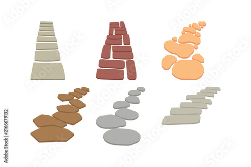 Set of different stone and brick walkway path including stepping stones and paved paths in various shapes, isolated on white background