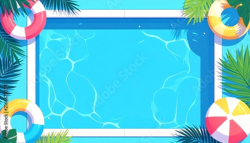 Swimming pool aerial view with water ripple texture and colorful floats, summer holiday concept