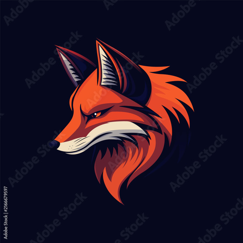 A fierce orange fox head in bold vector style, featuring sharp geometric shapes, dark navy shadows, and a striking expressive look.