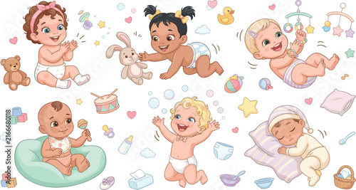 Cute baby character vector illustration set with diverse infants playing sleeping crawling and various nursery toys,