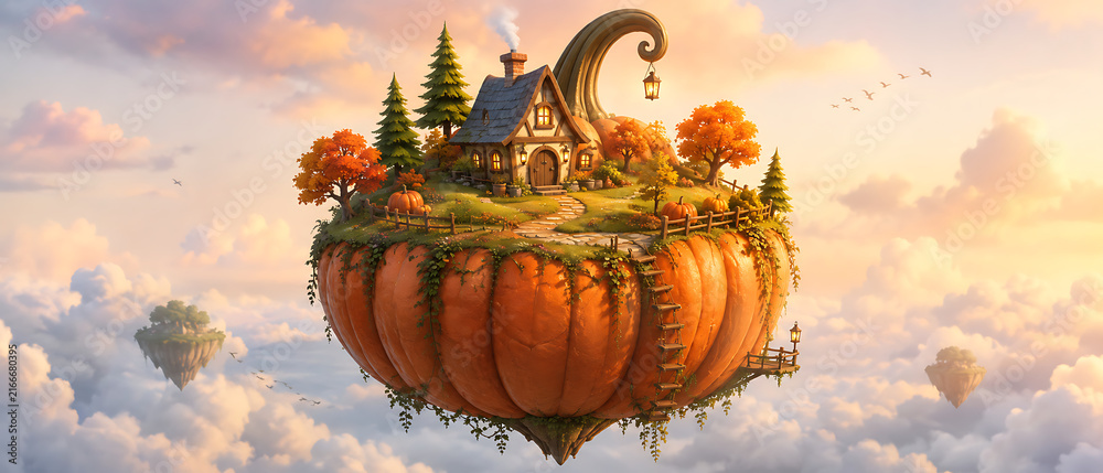 Fototapeta premium Whimsical Pumpkin City Fantasy – Magical Autumn Halloween Village with Glowing Pumpkin Houses