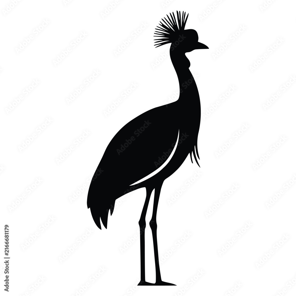 Naklejka premium Grey crowned crane standing in profile is depicted as a black silhouette