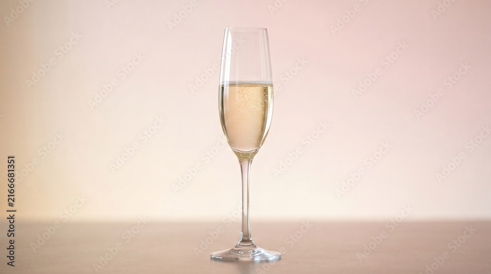 Obraz premium A single flute glass filled with sparkling champagne with tiny bubbles rising against a soft gradient background