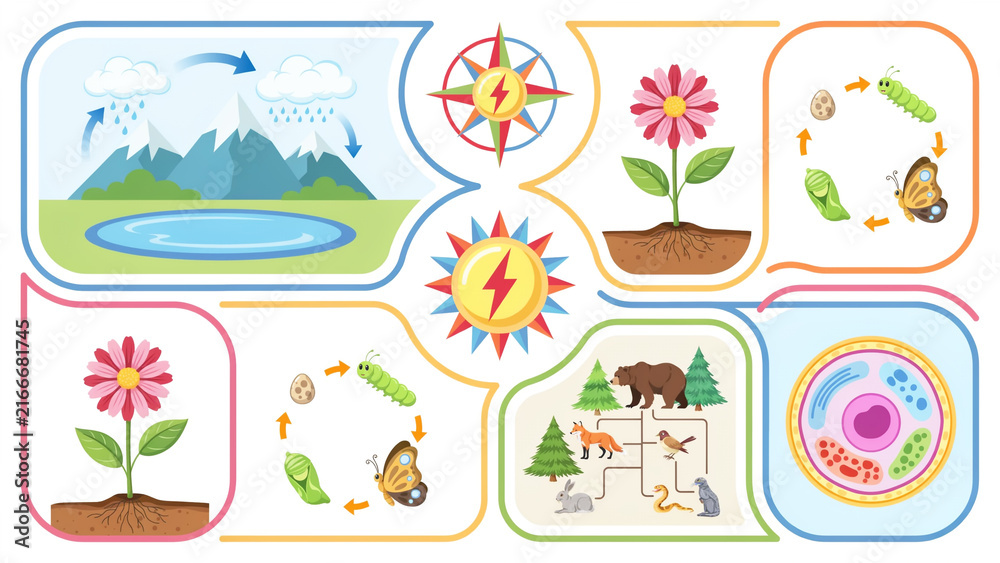 Naklejka premium Educational illustrations of nature and life cycle concepts for children
