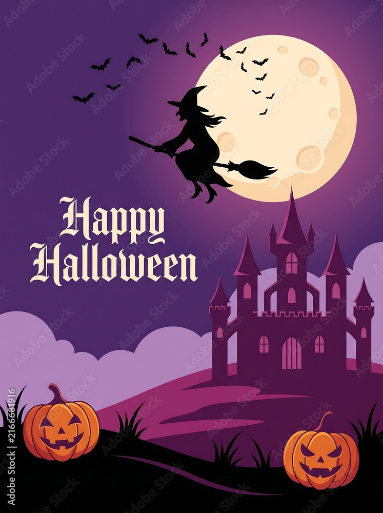 Fototapeta premium Happy halloween poster with castle and witch flying on broomstick in full moon night