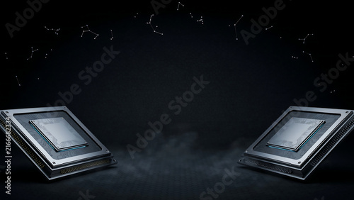 Dual High Performance Computer Processors Floating Above Dark Abstract Tech Background Illustration