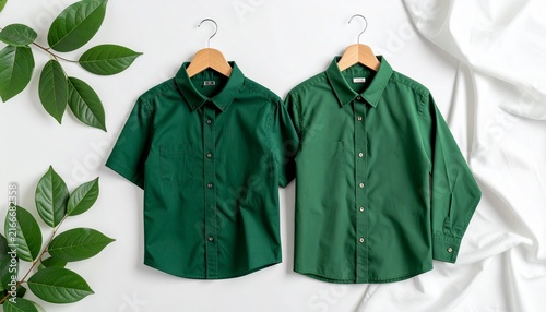 Two folded green button-down shirts on wooden hangers lying on white bed sheets, top view, fashion mockup, casual clothing concept.
