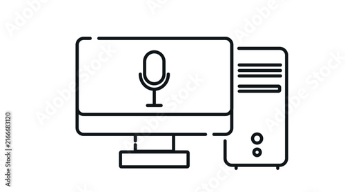 Desktop computer tower and monitor with microphone symbol on screen vector icon. Black line art style on white background. 