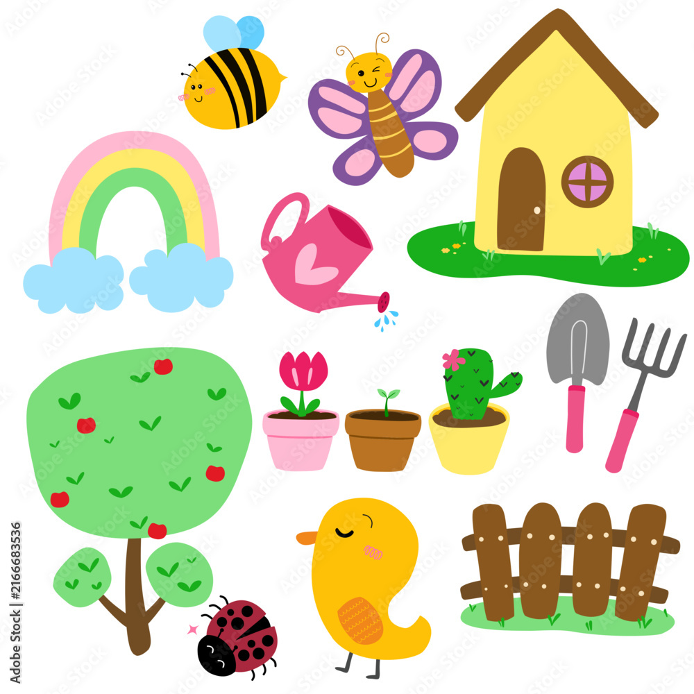 Fototapeta premium A colorful collection of cute garden elements features a rainbow, house, bee, butterfly, watering can, plants, flowers, apple tree, bird, ladybug, fence, and gardening tools together.