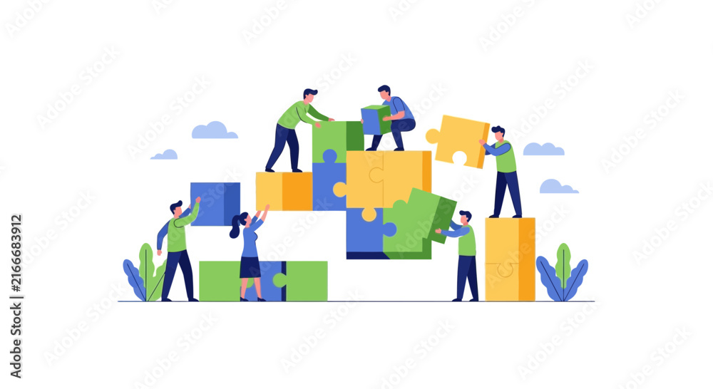 Naklejka premium Business Team Collaborating to Assemble Giant Colorful Jigsaw Puzzle Illustration