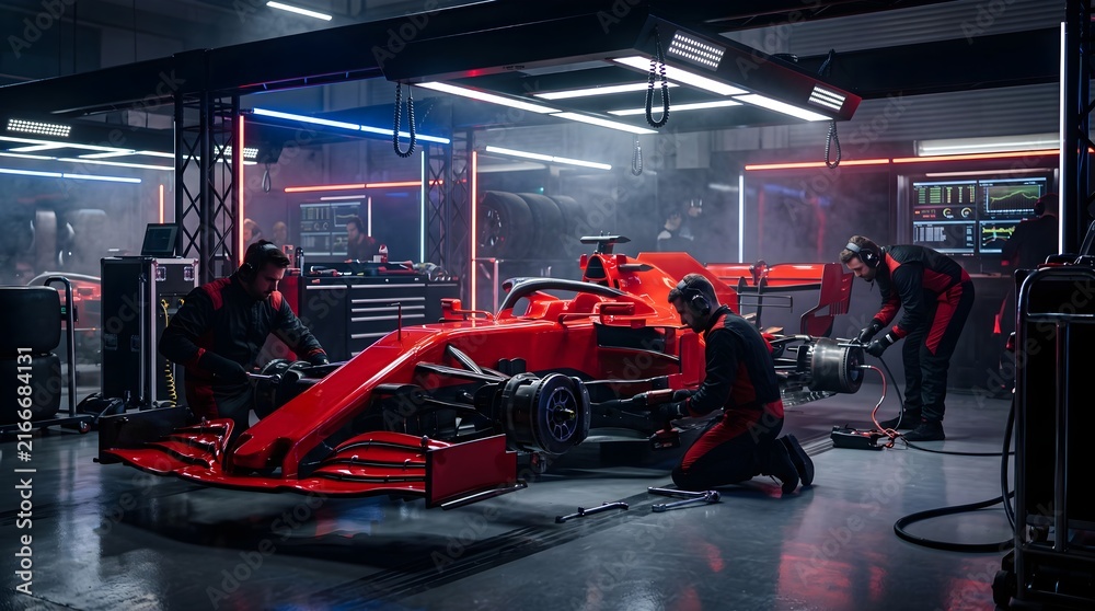 Naklejka premium Pit crew mechanics team working on red Formula 1 car inside garage workshop during race pit stop