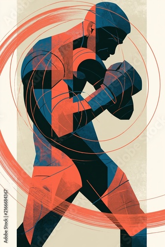 Anonymous boxer in guarded stance with dynamic angular shapes and motion lines