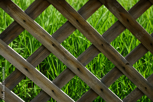 A closeup of a wooden lattice trellis with a lush green grass background, ideal for garden design