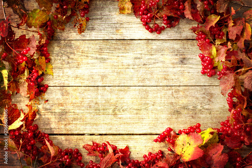 Autumn wooden background with viburnum berries and colorful leaves background viburnum textured seasonal november