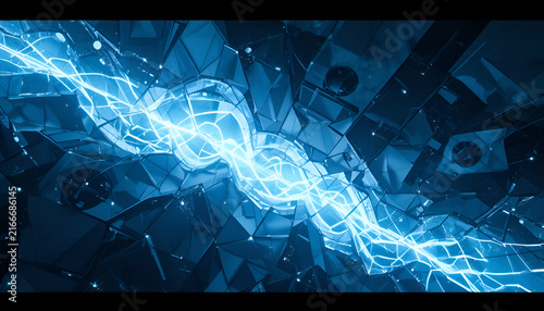 Abstract blue energy flow with glowing light streaks and digital geometric particles