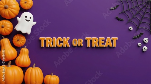 Festive halloween background featuring orange pumpkins and a cute ghost with trick or treat text on purple
