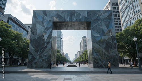 Modern stone archway monument in a bustling city street with skyscrapers and pedestrians