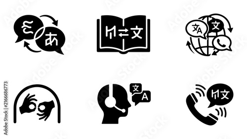 Photography Language Translation Icons Set, Communication Symbols, Global Connection, Interp