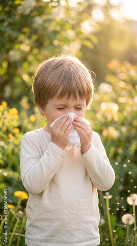 Young child with seasonal allergy symptoms outdoors in nature