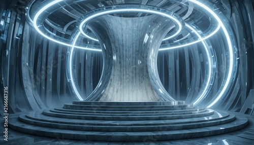 Futuristic sci-fi portal with glowing neon rings and stone steps in a dark abstract hall