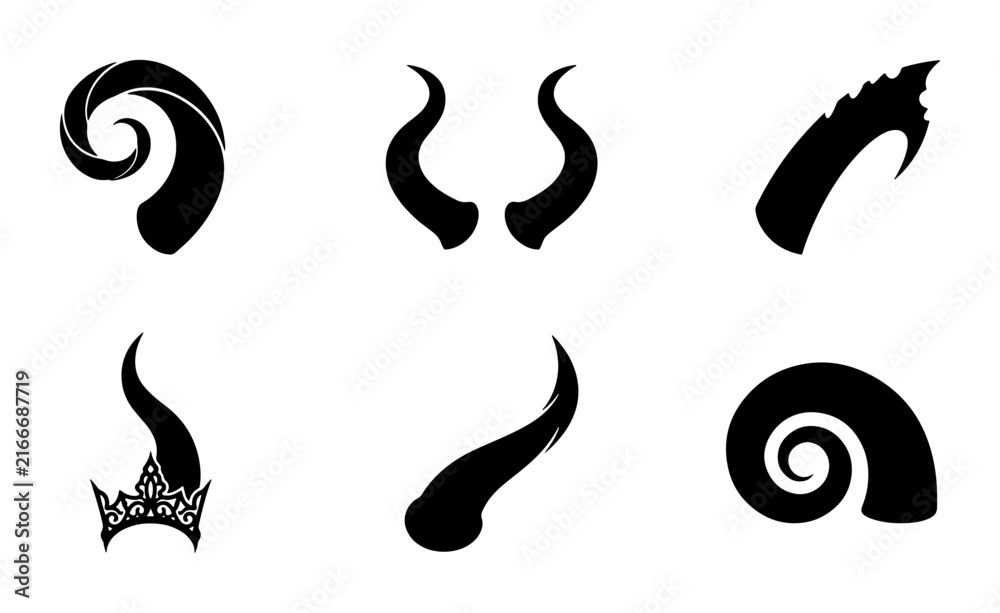 Fototapeta premium Black Horn Icons Set, Fantasy Creature Antlers, Devil Ram Goat Symbols, Vector Graphic Elements