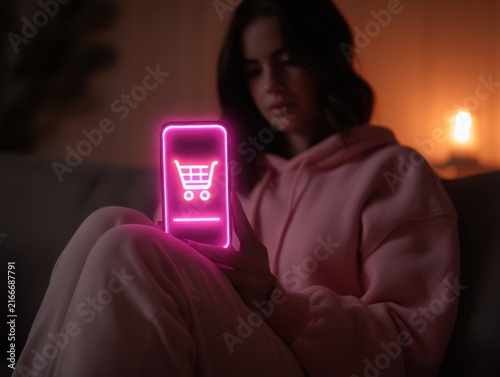 Young woman using smartphone with shopping cart icon in warm light  
