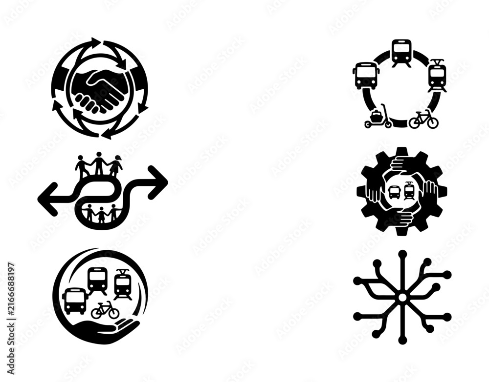 Fototapeta premium Sustainable Transport Icons, Eco-Friendly Mobility Symbols, Public Transit Network Graphics