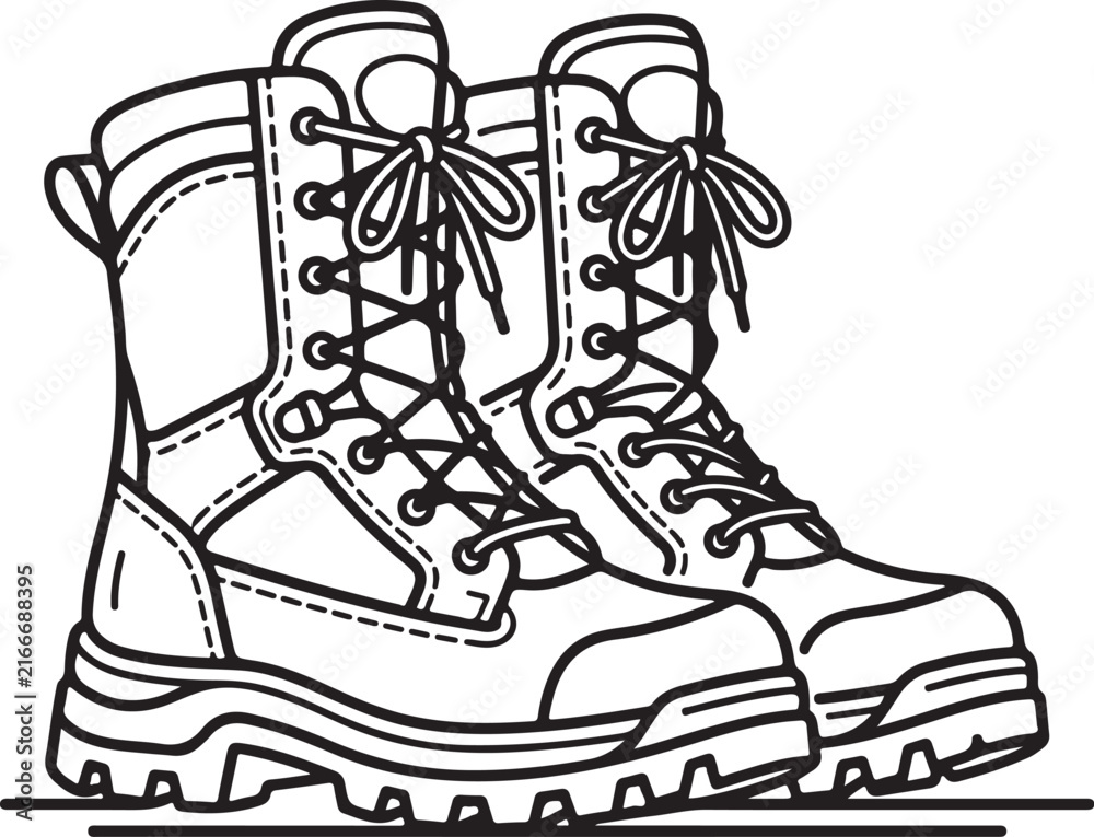 Fototapeta premium Hiking Boots Line Art Vector Illustration, Outdoor Trekking and Adventure Footwear.