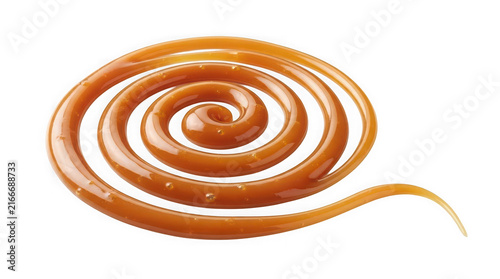 Glossy caramel swirl drizzled in a studio with soft lighting isolated on transparent background