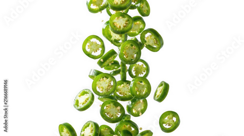 Freshly sliced jalapeño peppers falling during a studio shot with bright lighting isolated on transparent background