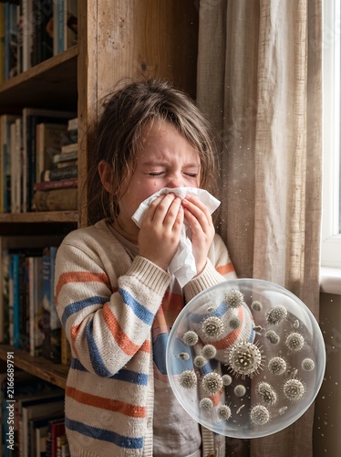 Child sneezing indoors with visual allergen particles near face