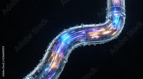 Translucent glass data pipeline with colorful light pulses flowing through on dark background