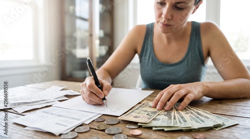 Personal Finance and Home Budgeting Concept with Woman Writing Notes and Counting Money